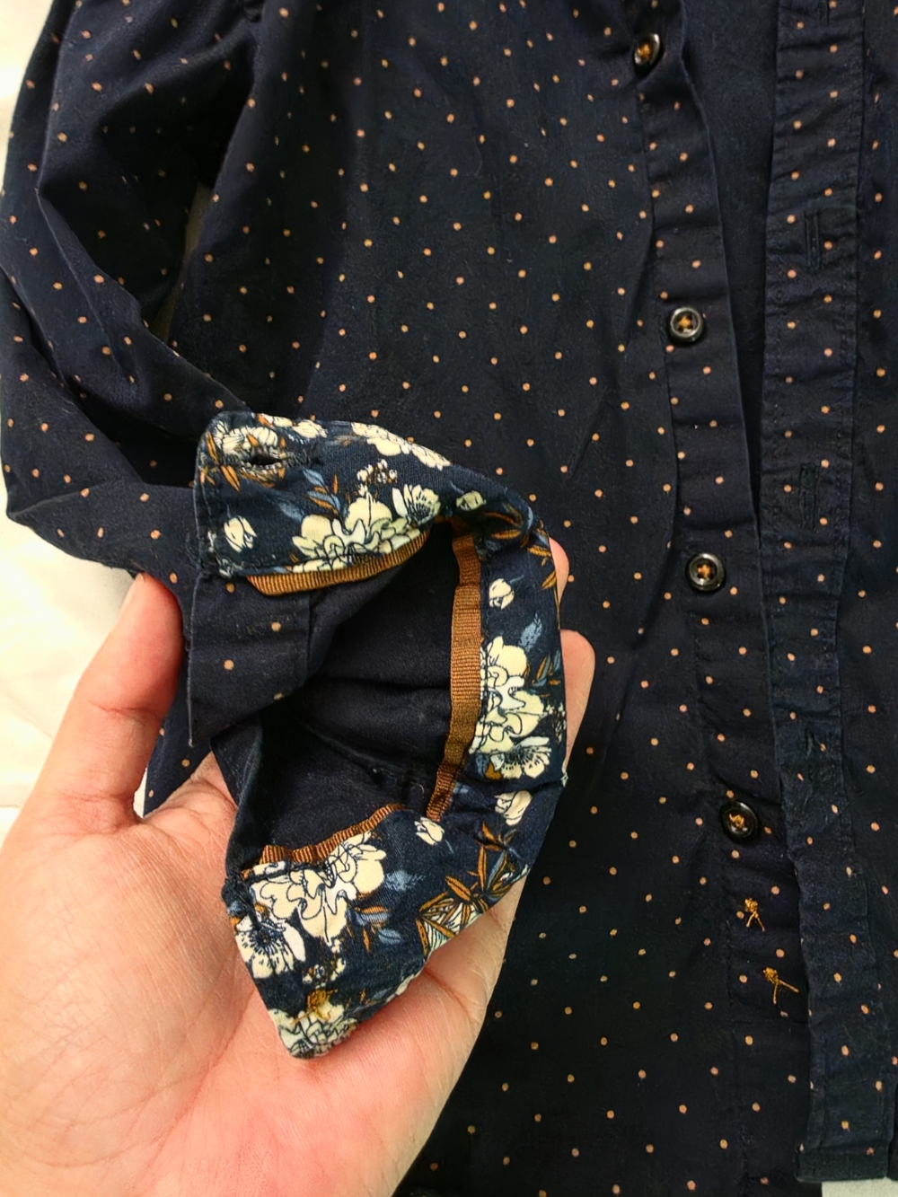 Denim & Flower Navy Button-Down Shirt with Small Dot Print - Picture 3 of 7